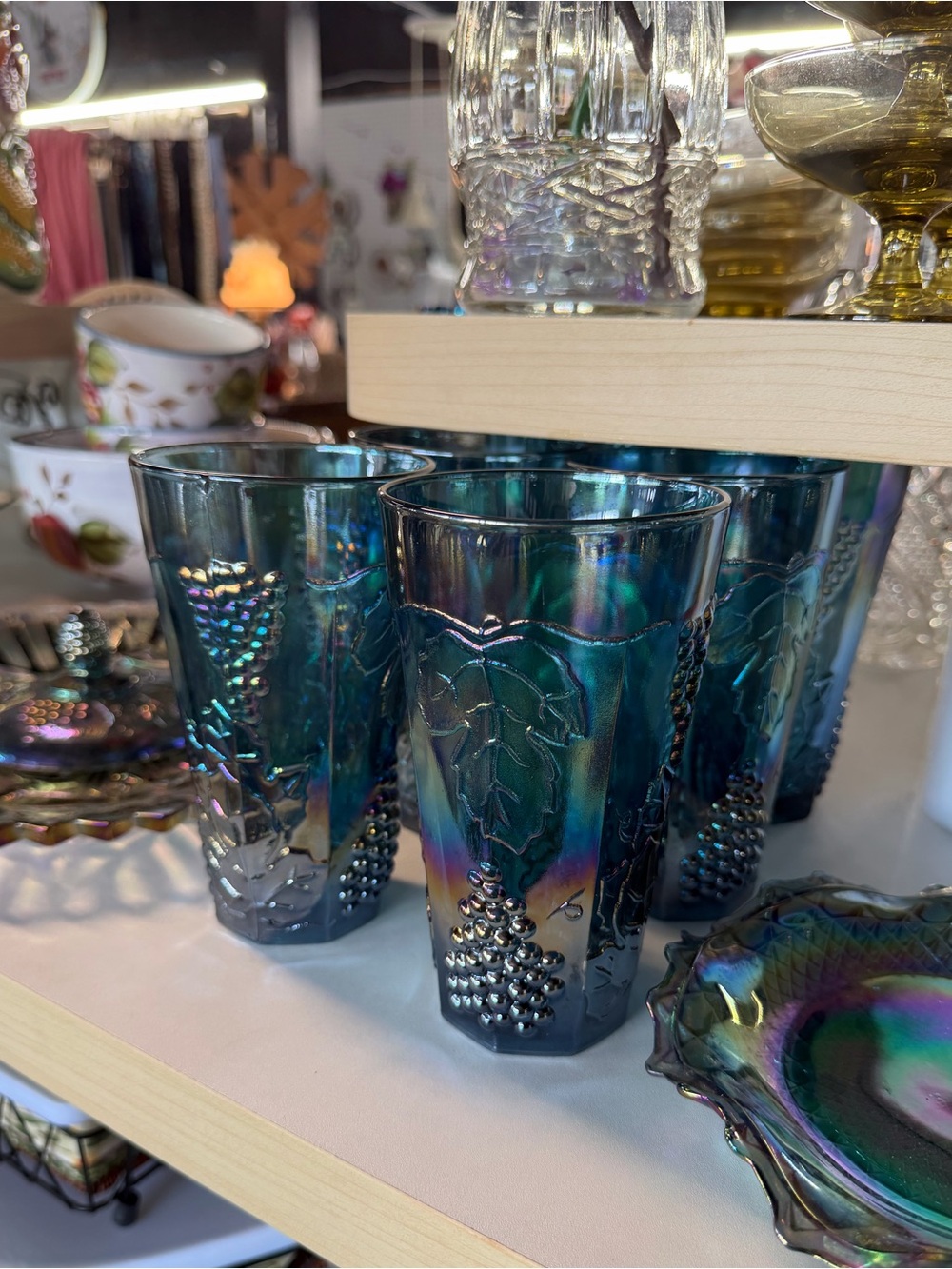 Iridescent Blue Carnival Glass Tumblers - Set of 6